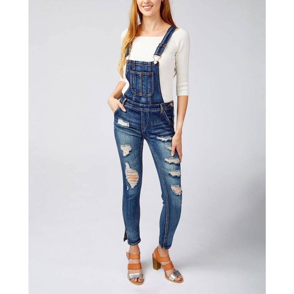 Womens Dollhouse Blizzard Blue Distressed Overalls Jumpsuit Suspenders - Sz 11
